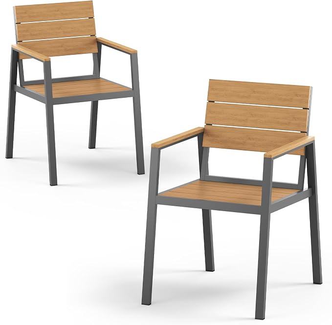 Vexwalx Outdoor Dining Chairs Set of 2, HDPS + Aluminum Patio Dining Chairs with Ergonomic Design and Wide Seat, 2 Piece Outdoor Chairs for Garden, Backyard, Deck (Gray-Teak) by Vexwalx