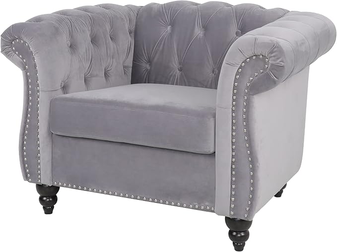 LEVNARY Velvet Chesterfield Chair, Mid-Century Modern Single Sofa Chair with Button Tufted Backrest and Nailhead Decor, Tufted Upholstered Rolled Armchair for Home Bedroom Reading Room (Gray)
