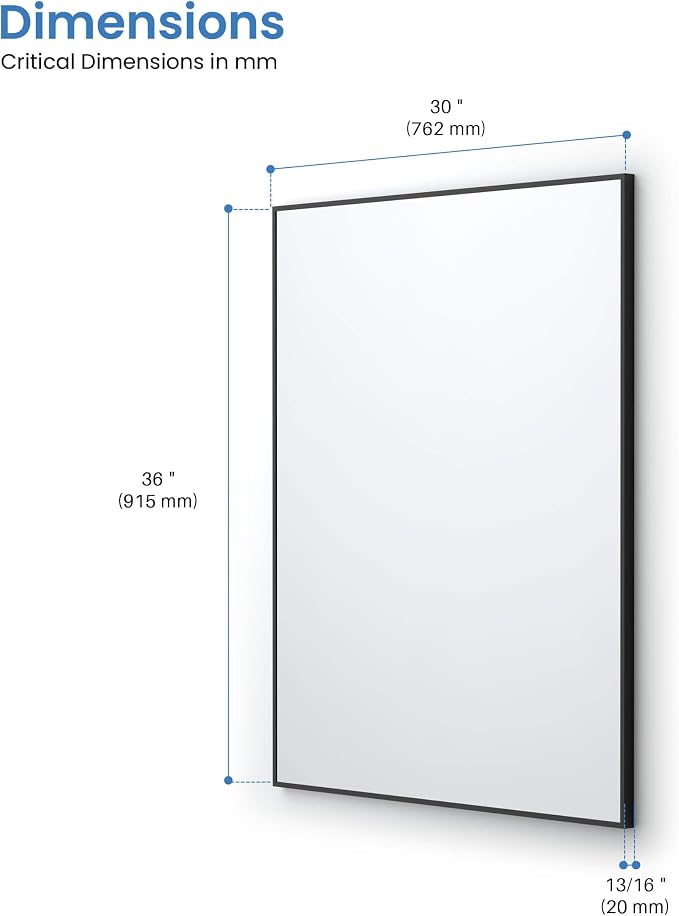 KIBI 36" x 30" Shatterproof Wall Mount Metal Frame Mirror – Horizontal or Vertical Hanging, Modern Rectangular Vanity Mirror for Bathroom, Entryway, or Living Room (Matte Black, FM1-3630MB) - Image 8