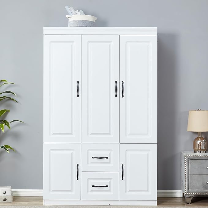 Wooden Armoire Wardrobe Closet：Modern Armoire Wardrobe Closet with 3 Doors, 2 Drawers and Hanging Rods for Tall Cabinet, Large Capacity Clothes Storage Cabinet for Bedroom Home, White