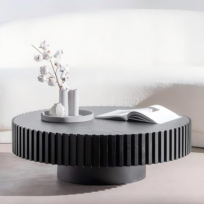 WILLIAMSPACE 31.49" Black Round Coffee Table, Modern Luxury Wood Circle Drum Center Table for Living Room, Accent Side End Table for Apartment, ø31.49'' x 13.77''H (Black)