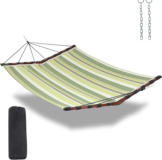 TegerDeger 12FT 2 Person Hammock Large Hammock Quick Dry 450LB Capacity with V Shaped Hardwood Spreader Bar & Nylon Rope for Outside, Patio, Garden, Backyard, Beach, Poolside - Tender Green Stripes by Tegerdeger