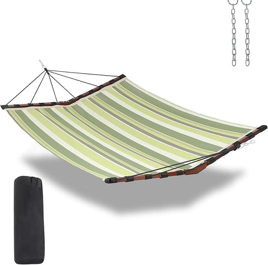 TegerDeger 12FT 2 Person Hammock Large Hammock Quick Dry 450LB Capacity with V Shaped Hardwood Spreader Bar & Nylon Rope for Outside, Patio, Garden, Backyard, Beach, Poolside - Tender Green Stripes by Tegerdeger