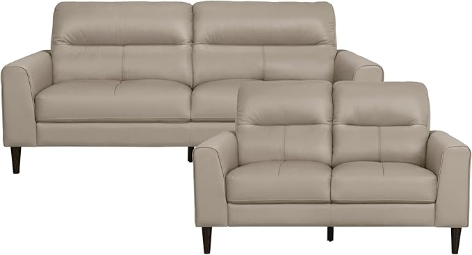 Lexicon 2 Piece Living Room Furniture Sets, Top Grain Leather Leather Match Living Room Sofa Set, Track Arm, Solid Wood Legs, Comfy Couches Including Loveseat & Sofa, 2 Pieces, Latte