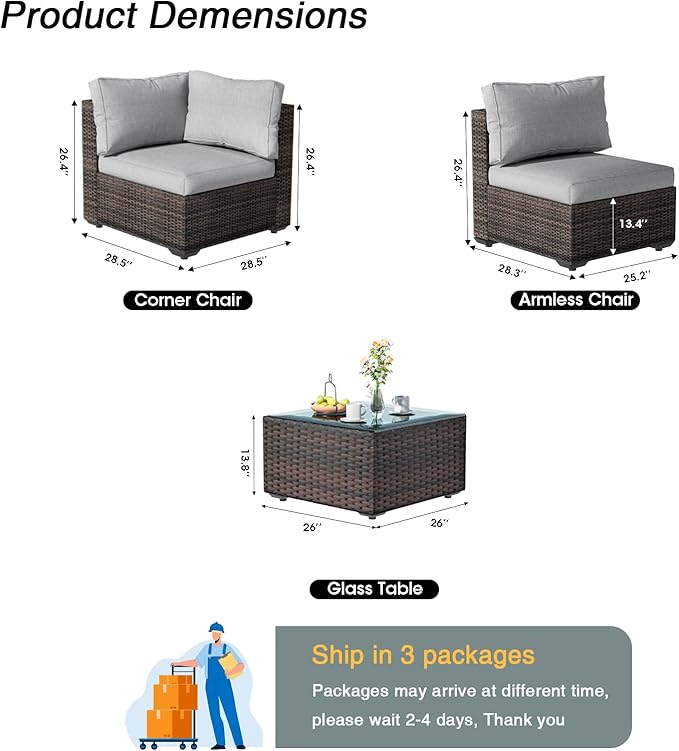 Patio Furniture Set 7 Pieces, Rattan Outdoor Sectional Conversation Sets, All Weather Outdoor Furniture Set with Cushions for Garden Lawn Balcony Porch Deck Grey