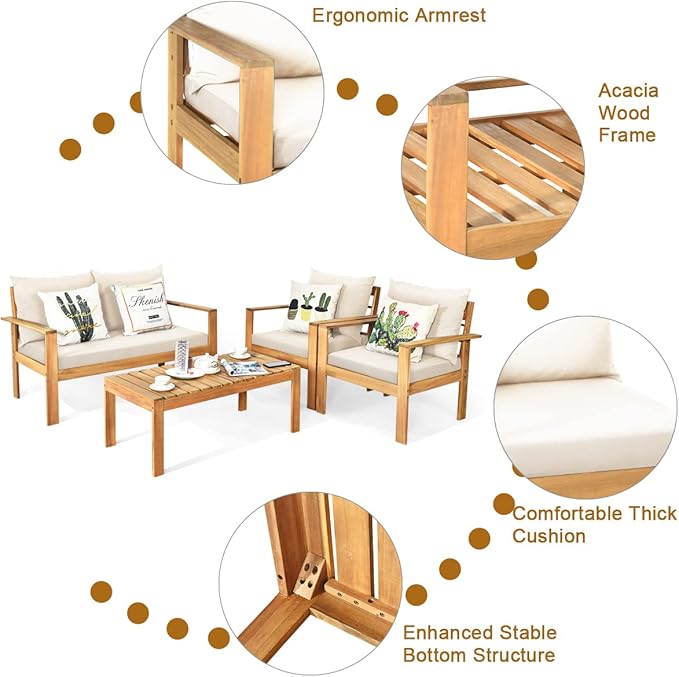 Tangkula Outdoor 8-Piece Acacia Wood Chat Set, 8 Seater Acacia Wood Conversation Sofa and Table Set with Water Resistant Cushions, Teak Finished (2, White)