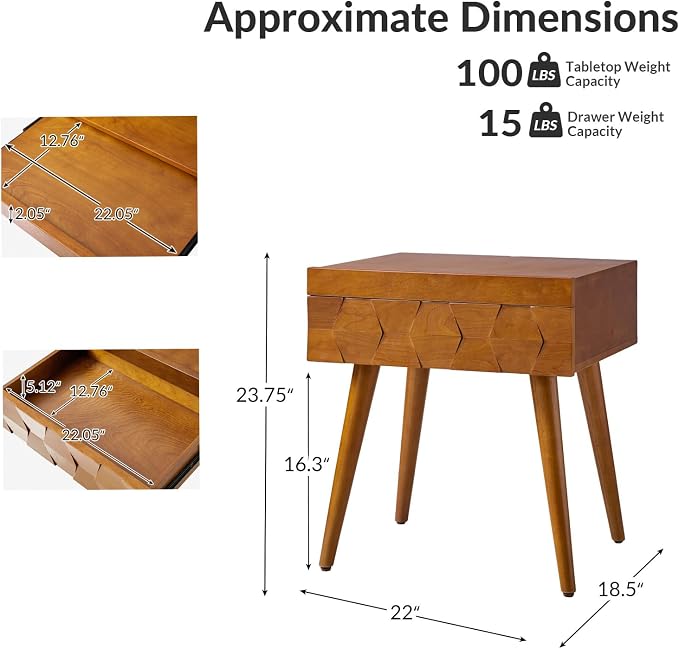 HULALA Home End Table with Charging Station, Side Table with Drawer and Pull-Out Shelf, Nightstand Bedside Table with USB Ports and Outlets, Acorn - Image 2