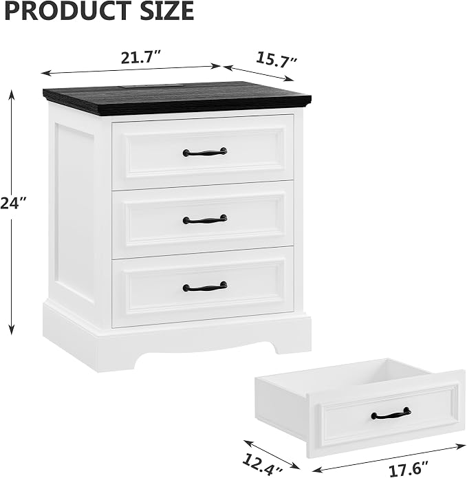 Alohappy Farmhouse Nightstand with 3 Drawers,Wood Night Stand with Charging Station Modern End Side Table for Bedroom Bedside TableStorage Cabinet Small Dresser Chest of Drawers for Bedroom (1) - Image 2