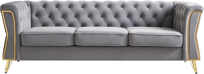 KEIKI 87" Chesterfield Velvet Button Tufted Sofa with High Density Foam Cushions, Modern Style 3-Seater Couch with Gold Strip Trim Decoration, Easy Assembly, for Apartment, Living Room, Office, Grey