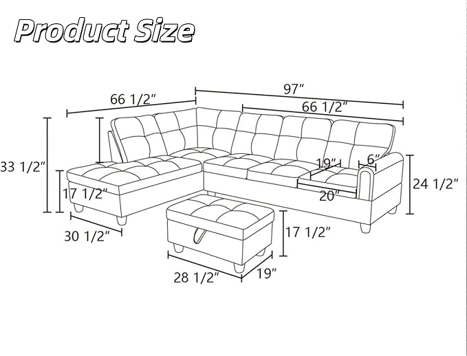 3-Piece L-Shaped Modular Sectional Sofa with Movable Chaise & Storage Ottoman, Convertible Lounge Couch for Living Room, Apartment & Office, Blue