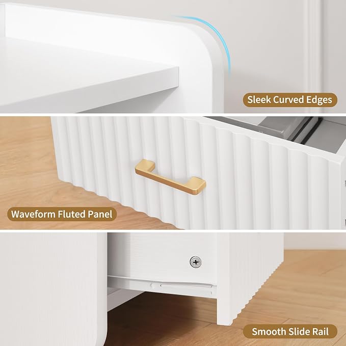 Night Stand with Charger Station, Fluted Wood Nightstand with Drawer Storage, Modern Bedside Table, Wide Nightstands for Bedroom, Mid Century Wooden Night Stands for Home Office Sofa Couch - Image 6