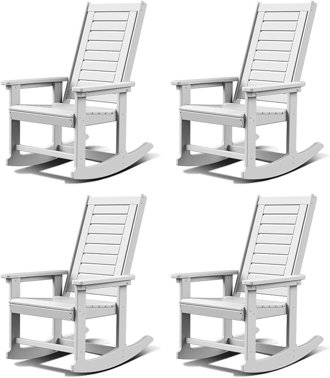 GREENVINES Outdoor Rocking Chairs | Set of 4 | Porch Rocker | HDPE Plastic | White | Oversized Rockers | High Back | Big & Tall | Ladder Back | for Patio Outside Backyard Balcony Garden by GreenVines