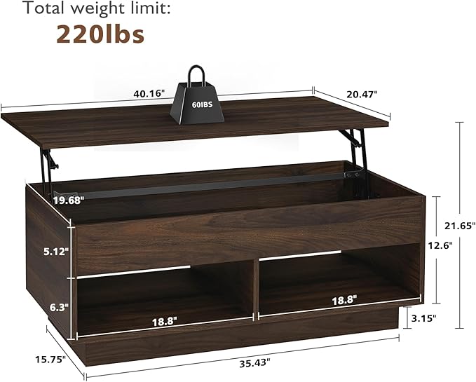 HOMMPA Lift Top Coffee Table with LED Light, Modern Center Table for Living Room, 3 Tiers Tea Table with Storage,Small Apartment Furniture with Hidden Compartment & 2 Open Shelves, Walnut