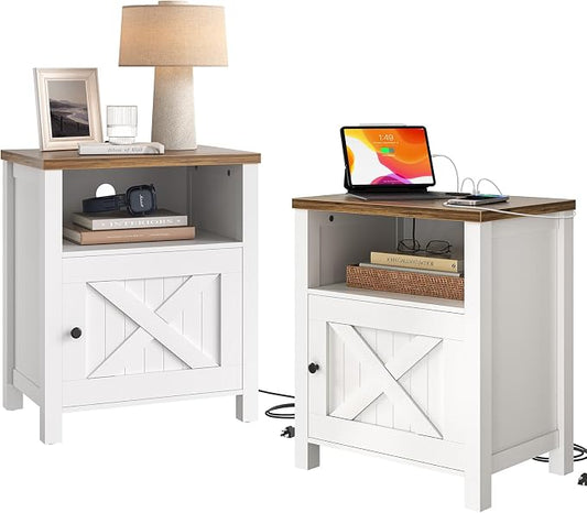 Pipishell Night Stand Set 2, Farmhouse Bedside Table Set of 2 with Open Shelf, Enclosed Cabinet, USB Port & AC Outlet, Wood Side Table with Storage for Bedroom, White and Brown, 2 Pack by Pipishell