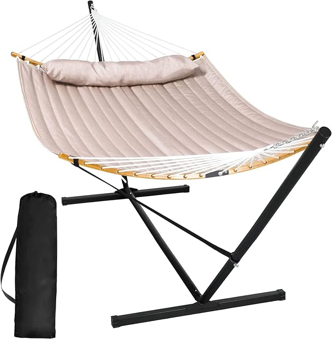 SUNCREAT 55 Inch Large Double Hammock with Stand, 450lbs Capacity, Outdoor Portable Hammock with Curved Spreader Bar, Extra Large Pillow, Tan by SUNCREAT