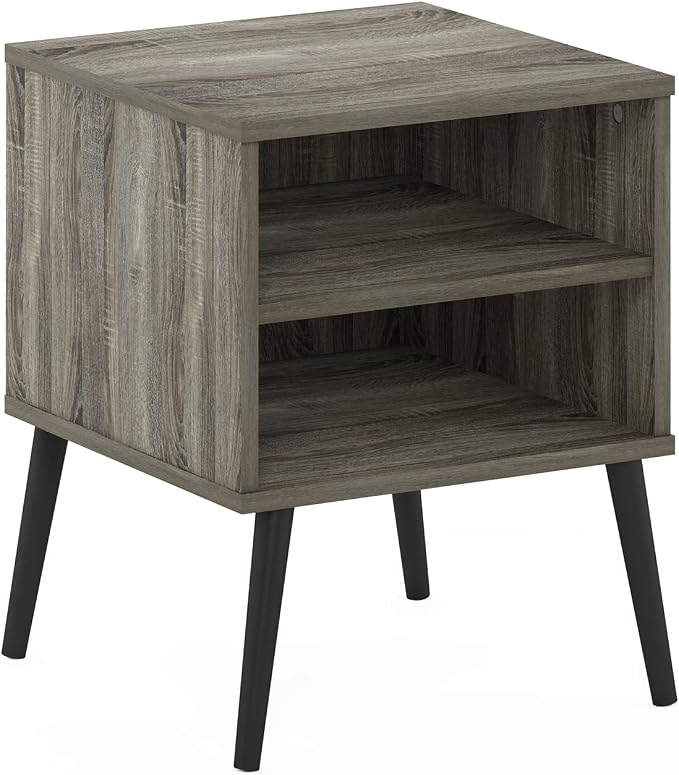 Furinno Claude Mid Century Style Nightstand with Wood Legs, 15.55 (D) x 15.55 (W) x 20.16 (H) inches, French Oak Grey by Furinno-FitsYourSpaceFitsYourBudget