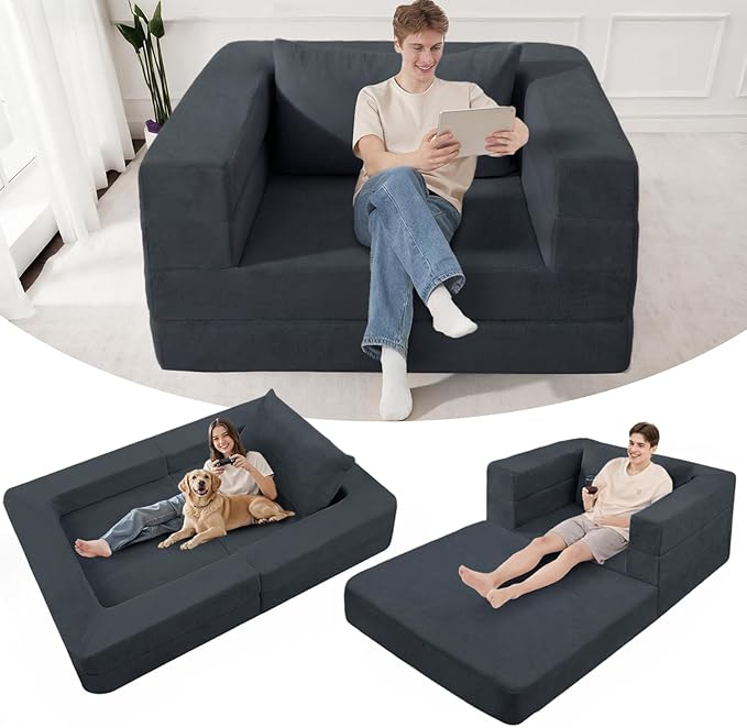 Futon Sofa Bed with Pillow, 3-in-1 Sleeper Sofa Bed with Removable Cover, Convertible Floor Sofa Bed, No Assembly Boneless Couch for Living Room, Bedroom