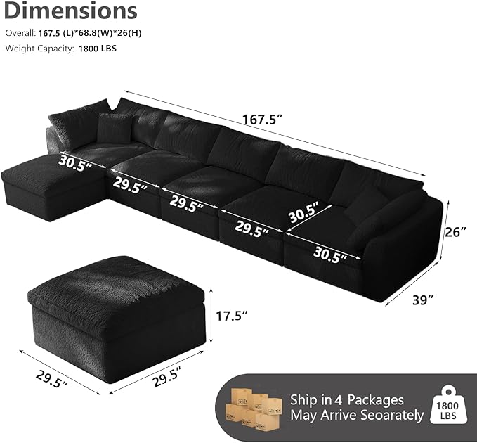 Modular Sectional Sofa Boneless Cloud Couch for Living Room, L Shape Deep Seat Recliner Sofa with Ottoman, Adjustable Backrest & 2 Throw Pillows - Covers Washable, (Black, 5 Seater+1 Ottoman)
