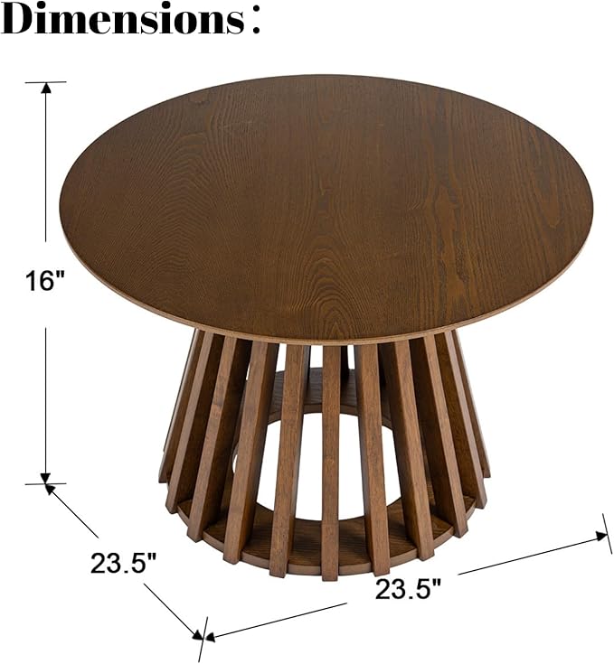 LukeAlon 24" Round Coffee Table, Mid Century Modern Wooden Center Table with Columnar Wood Strips Base Sofa Side Table Circle Tables for Living Room Small Space,Walnut Color