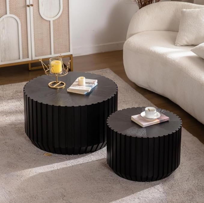 kevinplus 46.46'' Black Round Nesting Coffee Table Set of 2, Modern Circle Fluted Drum Coffee Table for Living Room, No Assembly, Black