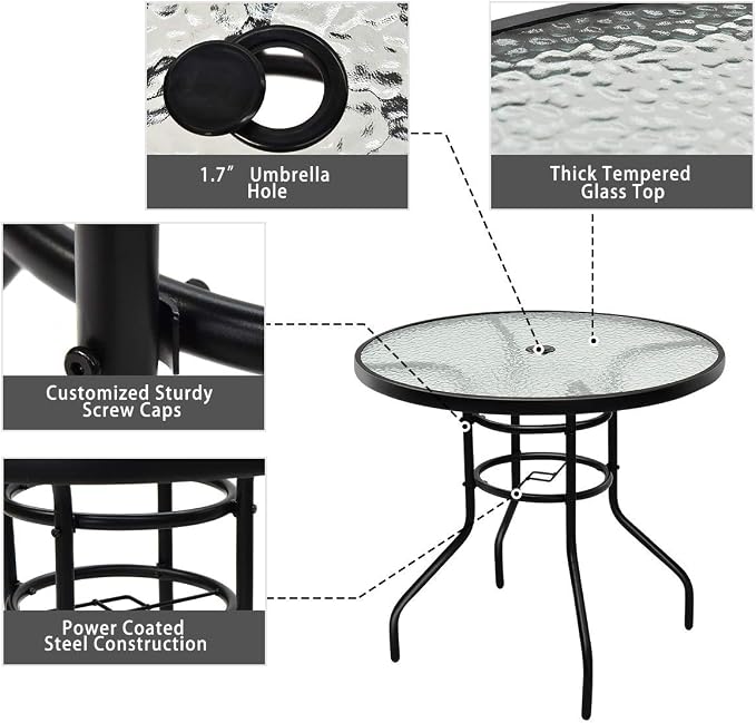 Tangkula 32" Round Outdoor Table with Tempered Glass Top, Patio Dining Table with Umbrella Hole & Metal Frame, Outside Bistro Table for Backyard, Lawn, Deck & Poolside - Image 6