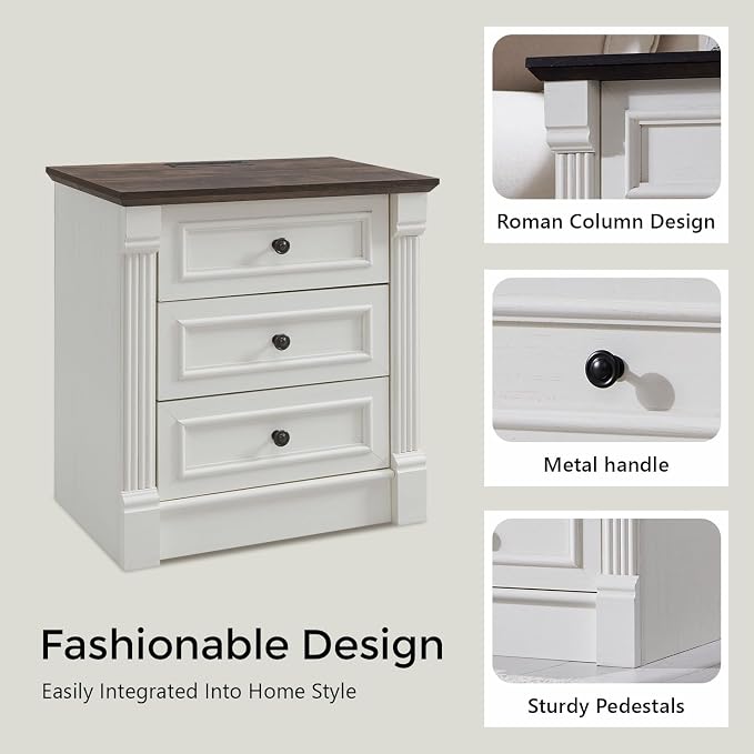 Aitjunz 26" Tall Farmhouse Nightstand, 3 Drawers End Table w/Charging Station, 23.6" Wide Large Side Table w/Roman Column, Wood Rustic Sofa Table for Bedroom, White - Image 4