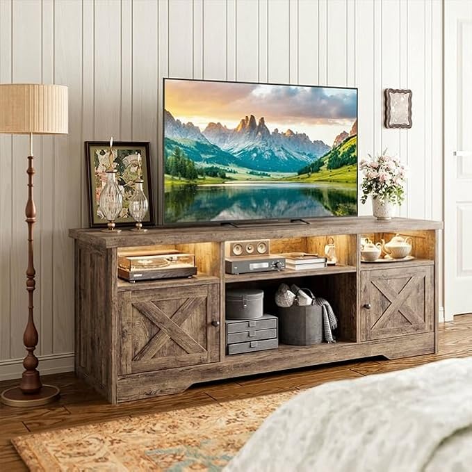 Casaottima TV Stand for 65 Inch TV, Farmhouse Entertainment Center with Power Outlet & LED Light and Storage Cabinets, Console Table and Media Furniture for Living Room Bedroom, Gray Oak - Image 8