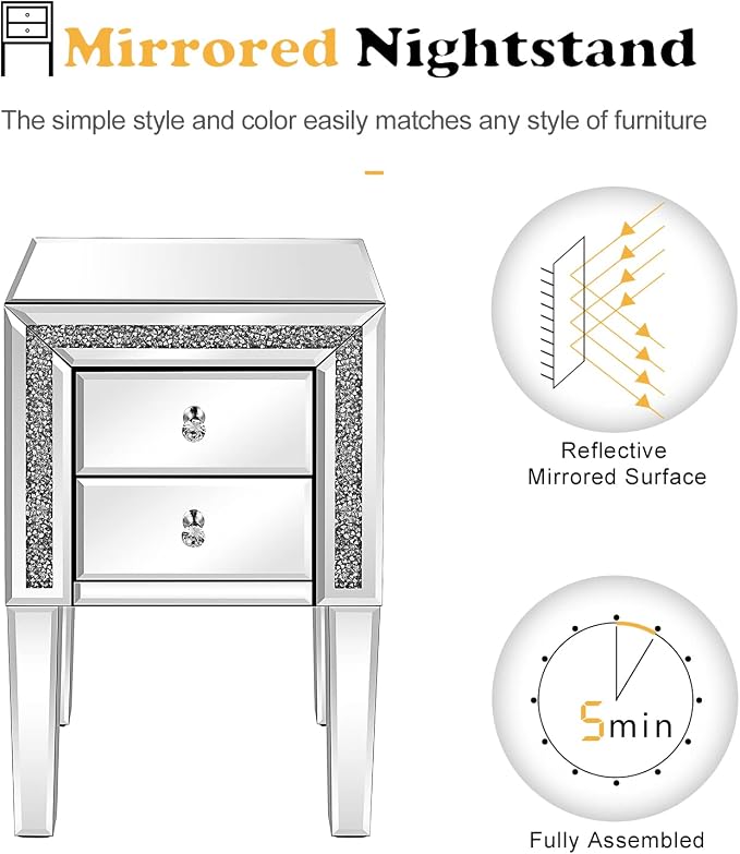 VINGLI Mirror Nightstand with Drawer, Silver Mirrored Glass End Table, Crushed Diamond Glitter for Small Spaces/Bedroom/Living Room - Image 6