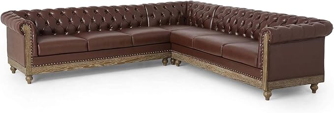 Merax PU Chesterfield Sofa, Retro Upholstered 6 Seater Leather Rolled Arm Couch for Living Room Bedroom, Dark Brown