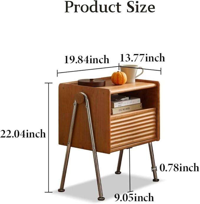 Cherry Wood Nightstand, Wooden Side Table with Drawer, Vintage Night Stand with Metal Legs, Couch End Table, 22" Tall Night Stand Open Shelf, Small Bedside Table for Bedroom, Dorm(Brown) - Image 3
