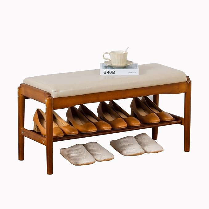 latifolia Small Shoe Bench, Solid Wood Bench with Cushion, 2 Tier Shoe Storage Organizer for Entryway(Walnut,31.50''L) by Latifolia