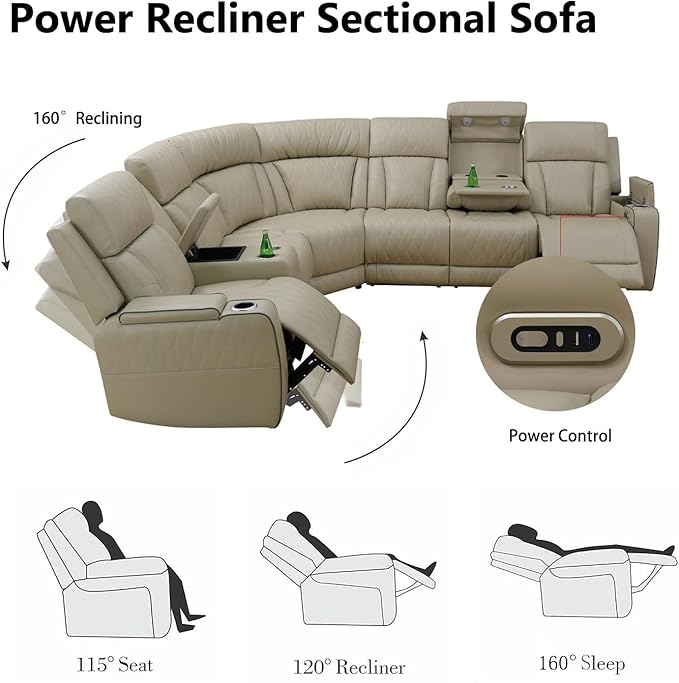 Modern Power Reclining L-Shaped Sectional, Luxury Home Theater Seating with LED Ambient Lighting, Hidden Storage & Charging Ports, Ergonomic Modular Recliner Sofa for Living Room, Beige