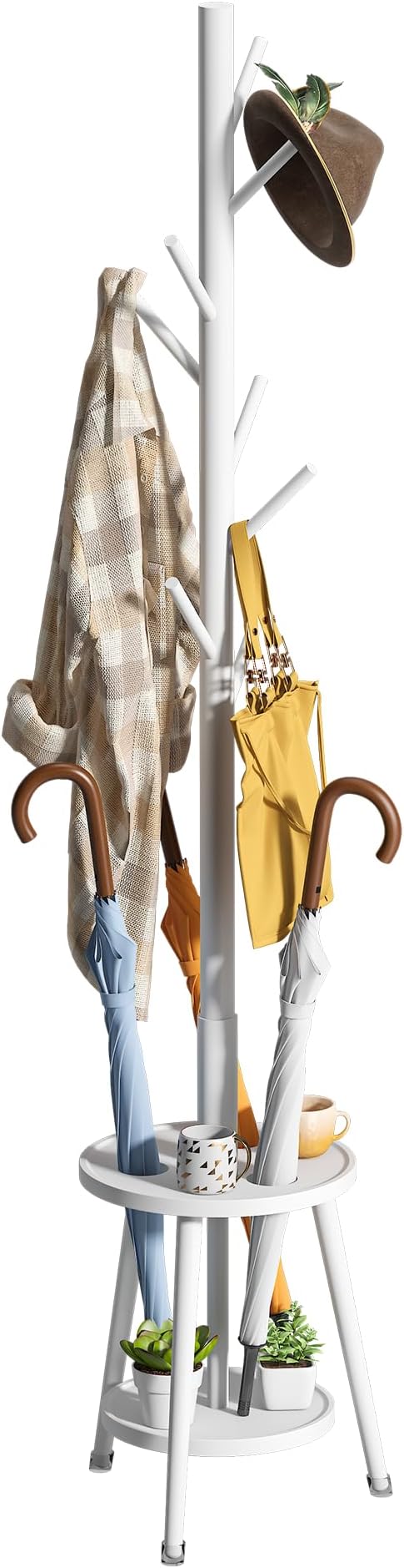 FILWH Freestanding Coat Rack with Umbrella Organizer Tray Bamboo Coat Tree Rack with 8 Hook Stand for Clothes Bag Hats Entryway Hanger Stand (Umbrella Tray, White) by FILWH