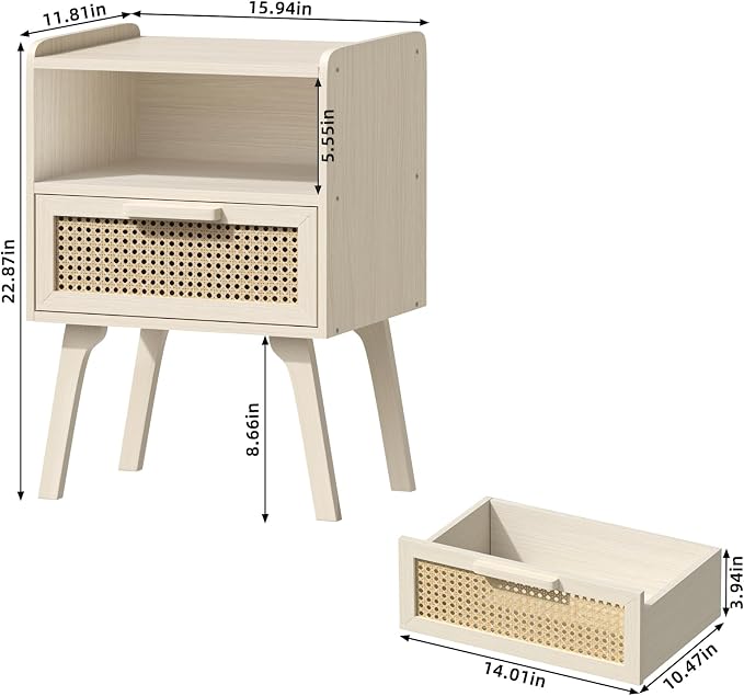 Lerliuo Rattan Nightstand, Side Table with Drawer Open Shelf, Cane Accent Bedside End Table with Solid Wood Legs, Mid Century Modern Night Stand for Bedroom, Dorm and Small Spaces (Grey White) - Image 3