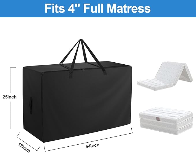 Folding Mattress Bag - 600D Oxford Cloth Heavy Duty Carry Case for Tri-Fold Guest Bed Mattress (Fits 4" Full Matress, Black)