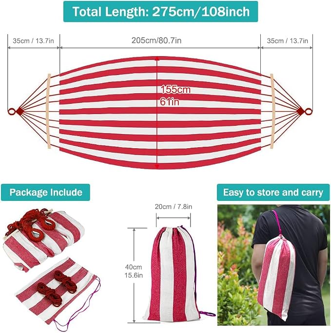 MOSFiATA Hammocks Portable Camping Hammock Upgraded 550lb Thickened Fabric Single Hammocks with Two Anti Roll Balance Beam and Tree Straps for Camping, Patio, Backyard, Outdoor(Red White) - Image 2