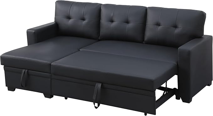 ERYE 82-inch Pull Out Sleeper Couch Bed, L-Shaped Reversible Sleeper Sectional Sofa Faux Leather Tufted Upholstered Corner Convertible Sofa Bed with Storage Chaise