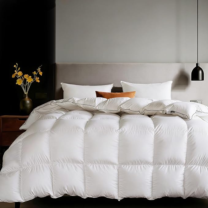 Goose Feather Down Fiber Comforters Queen Size, Extra Fluffy White Duvet Insert, Ultra-Soft, Breathable, Noiseless, All Season Hotel Luxury Collection Bedding Comforters 90"x90"