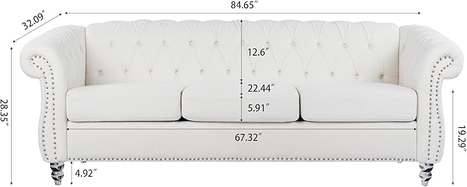 ERYE 84.5-Inch Classic 3 Seat Chesterfield Sofa Couches for Living Room Bedroom, 3 Seaters Button Tufted Teddy Fabric Upholstered Chesterfield Sofa Couch,Acrylic Legs | Button Tufted, Easy to Assemble, Nailhead, Removable Cushion