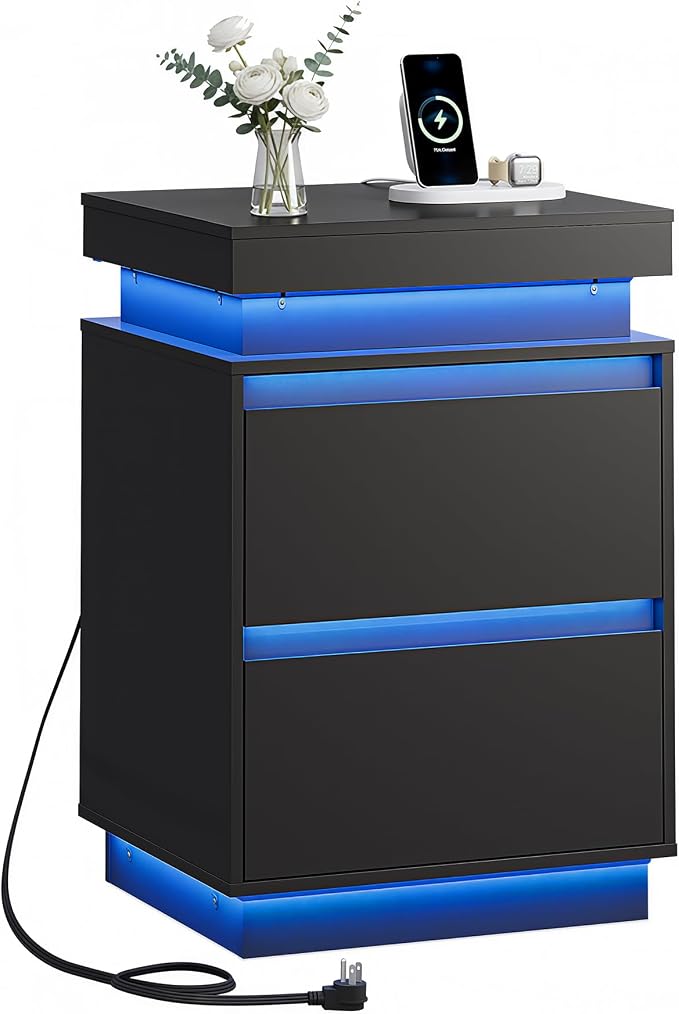 WLIVE Tall Black Nightstand with LED Lights and Charging Station, Modern Night Stand Bedside Table with 2 Wooden Drawers and Sliding Top, End Side Table for Bedroom, Living Room, Office by WLIVE