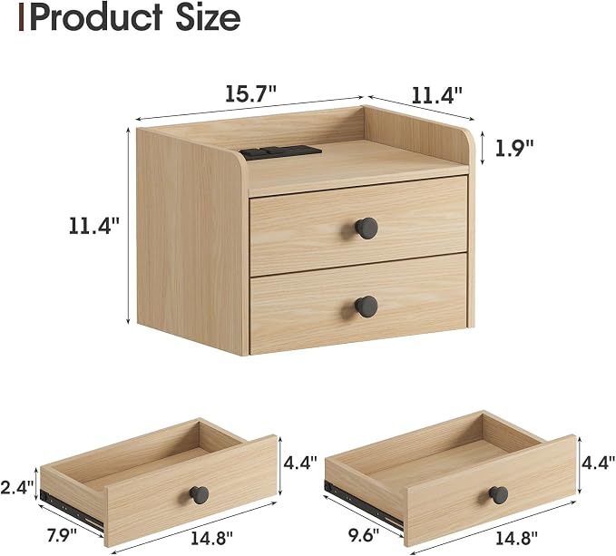 Floating Nightstand Set of 2 with 2 Storage Drawers and Charging Station Wood Wall Mounted Bedside End Table Modern Night Stands Set 2 for Bedroom,Small Space,Natural - Image 2