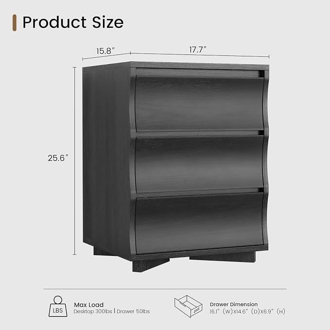 Black Nightstand Set of 2, Night Stand with 3 Drawers, Modern Nightstand with Large Storage, Silent Slides, Wooden End Side Table, Bedside Table with 3 Drawers for Bedroom - Image 2
