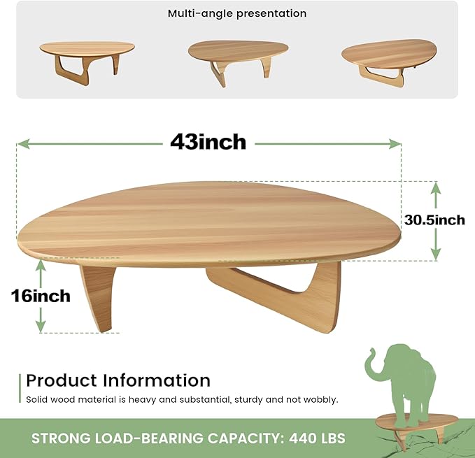 Solid Wooden Modern Triangle Coffee Table: Unique Funky Coffee Tables for Living Room, Oval Mid-Century Irregular Abstract Tea Tables for Patio Office Balcony Bedroom (Natural, 43" L x 31" W x 16" H)