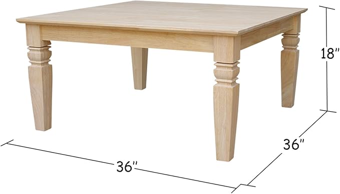 International Concepts, 18"H Java Square Coffee Table, Farmhouse, Living Room Furniture, Sturdy Solid Parawood, Paint or Stain in Any Color, Easy Assembly, Unfinished