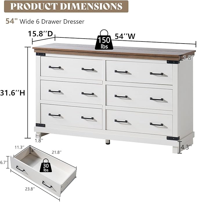 AMERLIFE 5-Piece Farmhouse Bedroom Set, Rustic Wood Queen Bed Frame with 54" Tall Headboard, 6-Drawer Dresser Chest, 5-Drawer Tall Chest, Nightstands Set of 2 with Charging Station, White