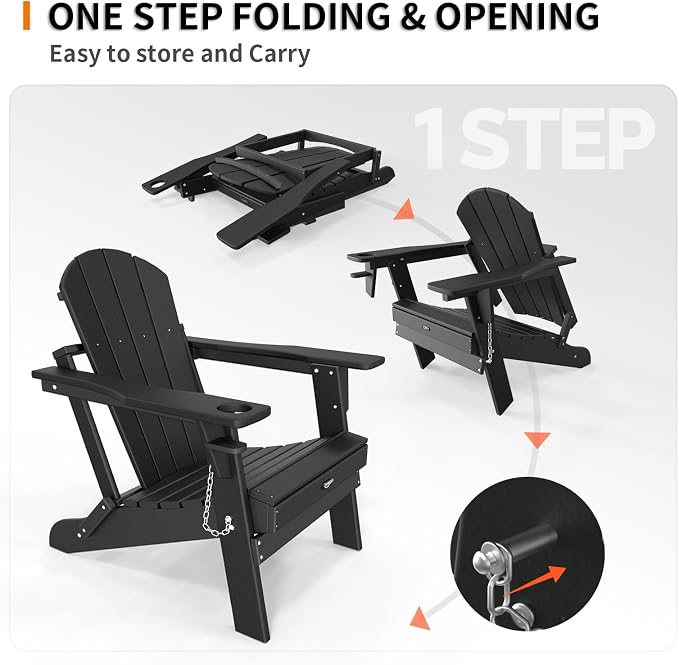 VINGLI Plastic Adirondack Chairs, Folding with Cup Holder, Waterproof HDPE Material, Comfortable 380lb Weight Capacity for Outdoor Pool Patio Lounge Chair Lawn Furniture Firepit (Black) - Image 6