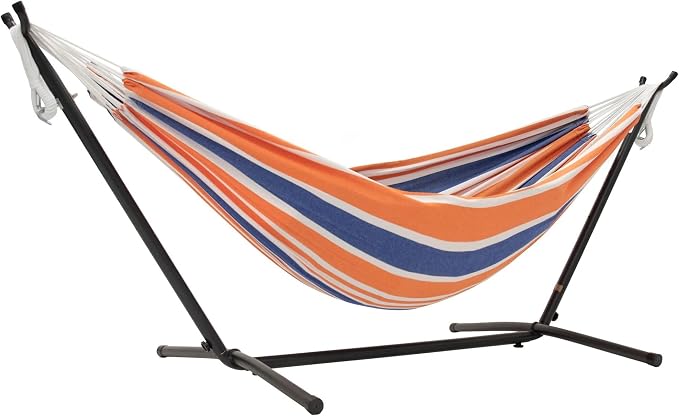 Vivere Double Cotton Hammock with Space Saving Steel Stand, Upgraded Polyester End Strings 450 lb Capacity - Premium Carry Bag Included - USA Grown Cotton (Orange Punch) by Vivere