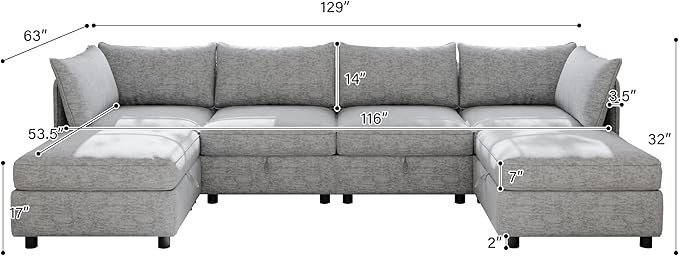 Oversized Modular Storage Sectional Sofa Customizable Seating Group Sofa&Couch Convertible Sleeper Sofabed with Movable Ottomans and Seat, U-Shaped Chenille Upholstered Sofa Couch for Living Room