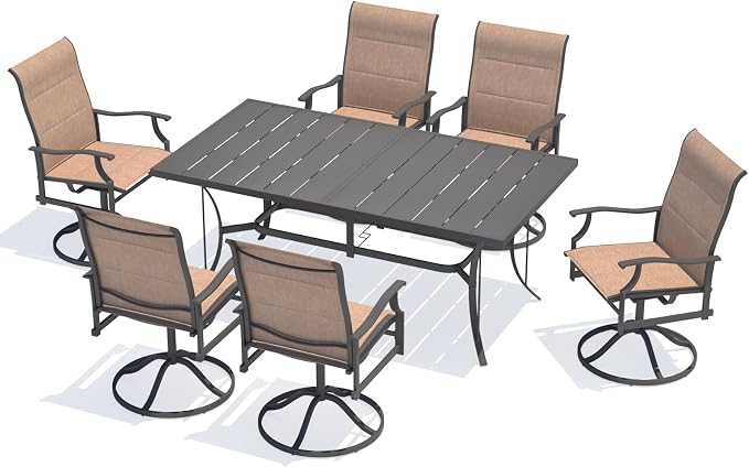 BUPPLEE Outdoor Patio Dining Set with 6 Swivel Chairs, Metal Table with Umbrella Hole, 7-Piece Patio Table and Chairs for Backyard, Poolside, Balcony and Garden (Brown) by BUPPLEE