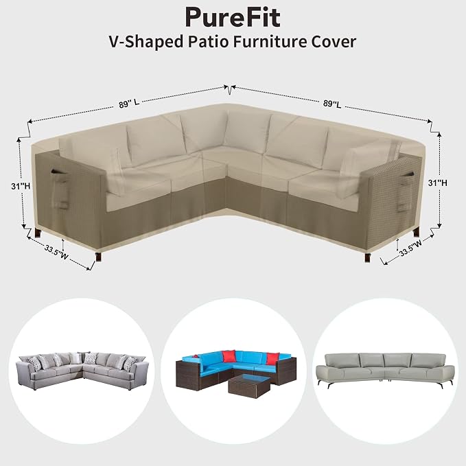 PureFit Outdoor Sectional Sofa Cover Waterproof V Shaped Patio Furniture Covers for Deck, Lawn and Backyard, 89”x89”, Camel - Image 2